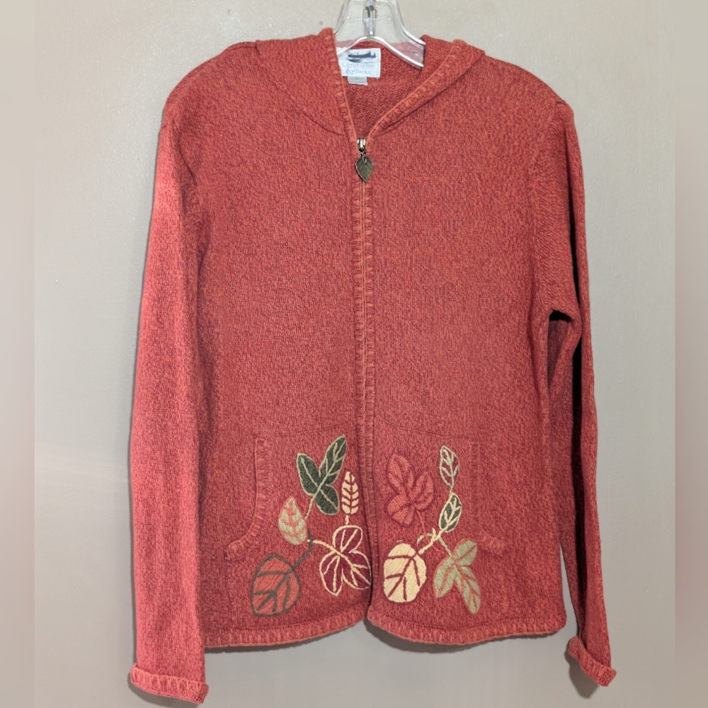 Christopher And Banks Embroidered Sweater W/Leaves And Leaf Zipper, SzL Orange